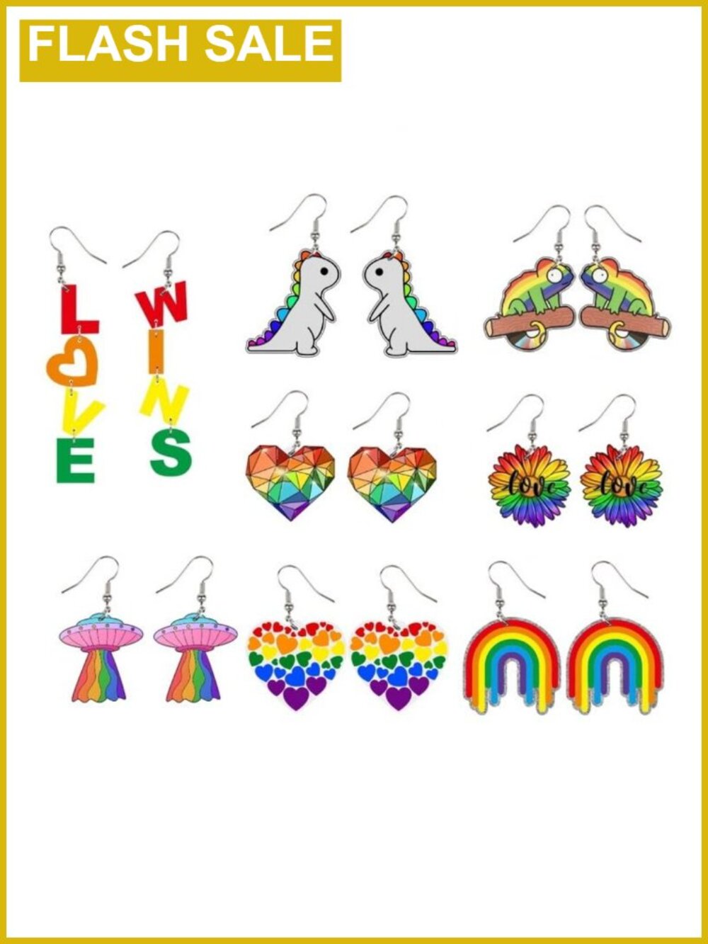 LGBT Rainbow Dangle Earrings Set Acrylic Wood Pride Charm French Wire